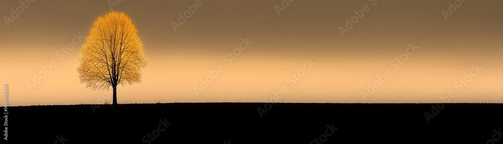 A lone golden tree stands against the colorful expansive horizon A lone golden tree stands against the colorful expansive horizon