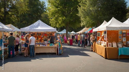 Busy Outdoor Art Fair With Vendors And Visitors On A Sunny Day