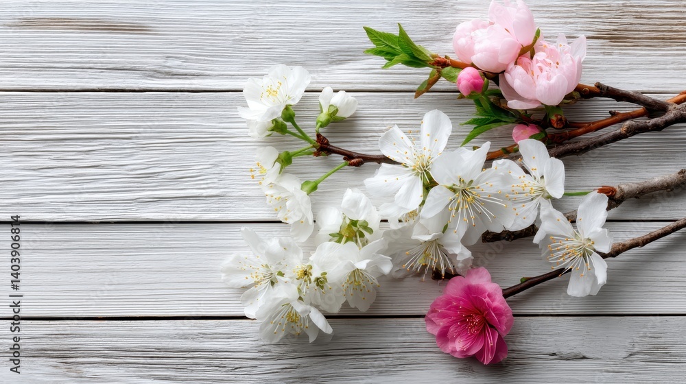 Delicate spring flowers are scattered across a white wooden background, creating a fresh and cheerful seasonal composition.
Delicate spring flowers are scattered across a white wooden background, creating a fresh and cheerful seasonal composition.