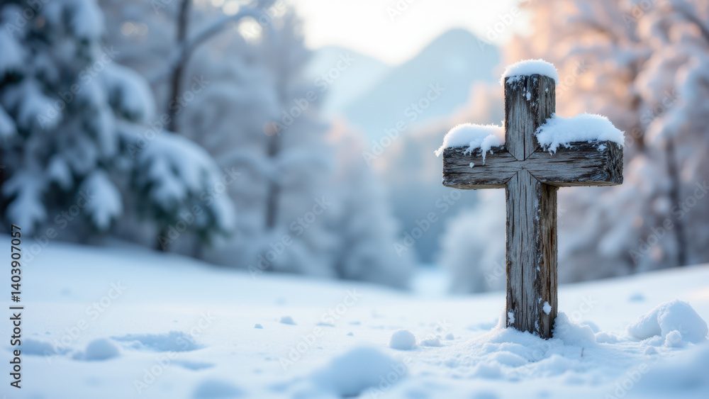 A solitary weathered cross stands tall against a snowy backdrop with winter trees at sunset. A solitary weathered cross stands tall against a snowy backdrop with winter trees at sunset.