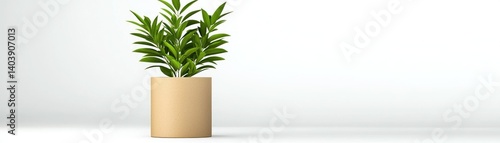 A vibrant green leafy plant thriving within a cylindrical neutral pot