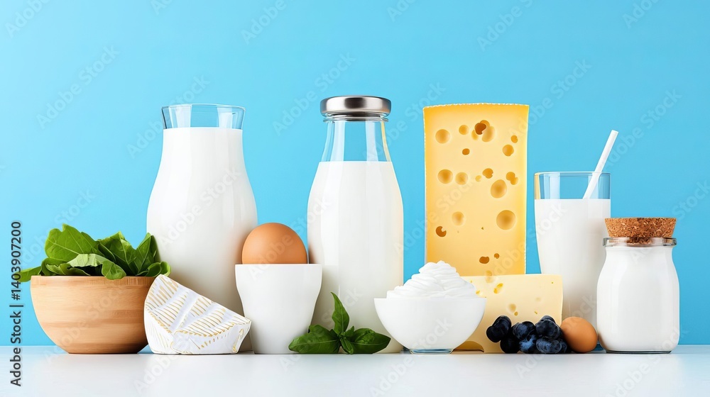 Fresh dairy products on a bright backdrop. World Milk Day Fresh dairy products on a bright backdrop. World Milk Day