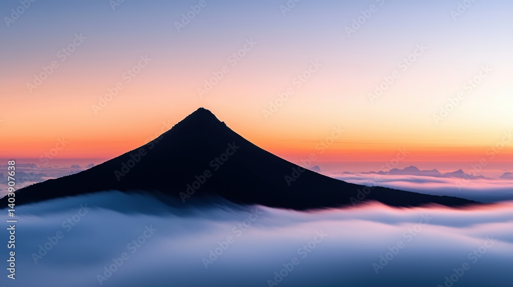 Silhouette of a mountain peak is seen above the clouds Silhouette of a mountain peak is seen above the clouds