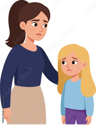A concerned mother comforting her upset daughter in a flat, digital illustration conveying warmth and empathy, vector art