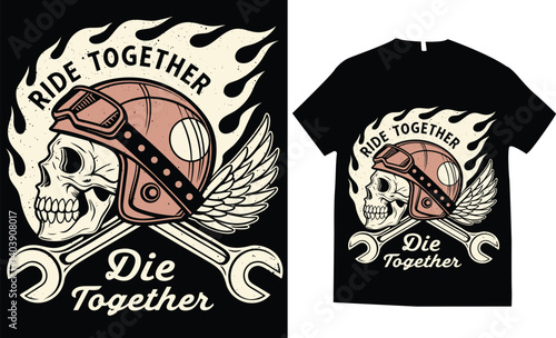 Motorcycle skull helmet byker rider piston rebel gear engine speed rider wings grunge t-shirt design distressed sunset  smoke fire flame vector illustration