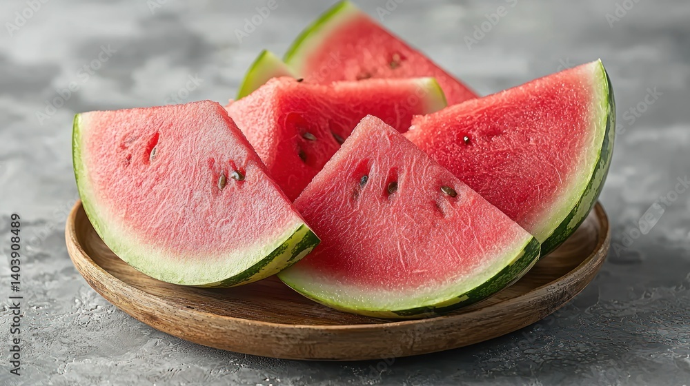 Juicy Watermelon Slices on Wooden Plate Juicy Watermelon Slices on Wooden Plate