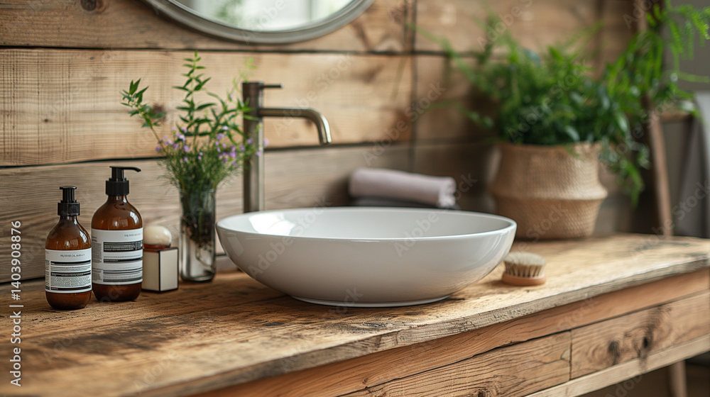 Fototapeta premium Rustic Texture and Modern Simplicity. A cozy wooden bathroom vanity with a modern vessel sink and greenery. Ideal for interior blogs, home design ads, or eco-lifestyle branding.