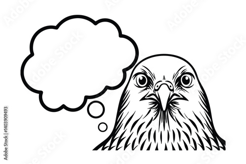 Graphic Black And White Illustration Of An Eagle Thinking With A Thought Bubble On A White Background