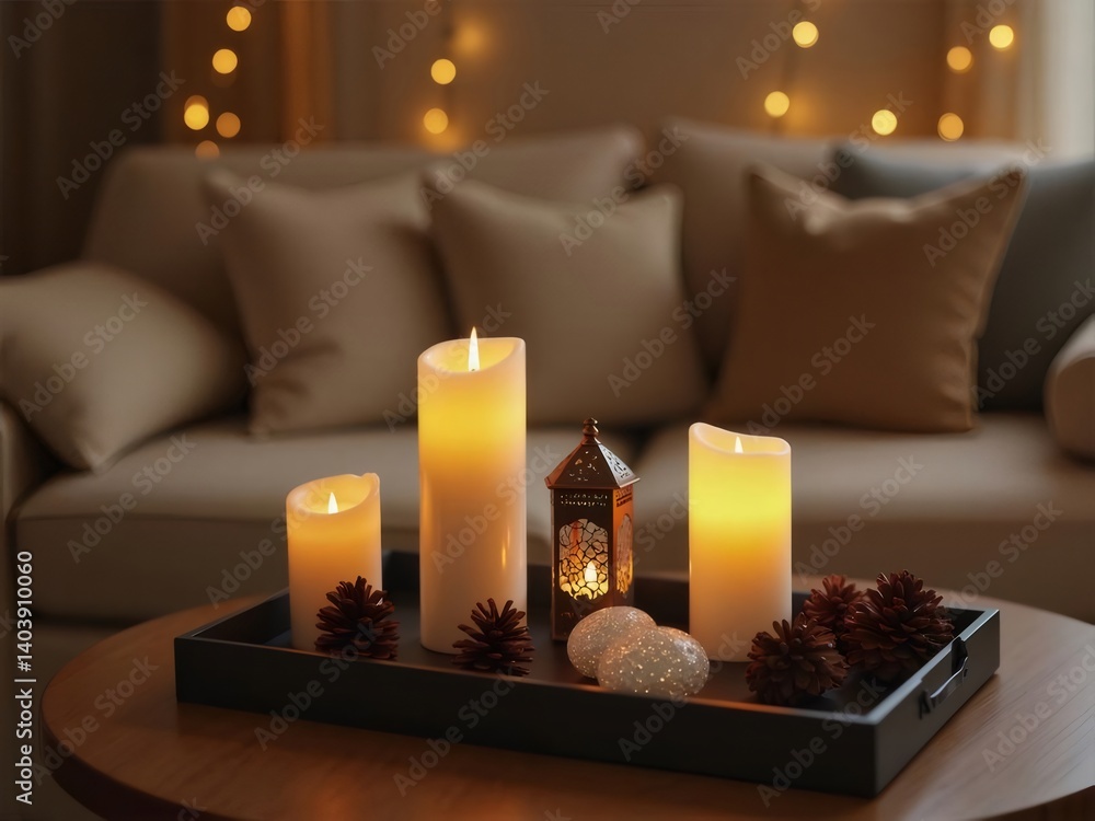 Close Up Of Lit Candles And Decorative Elements On A Table In Front Of A Sofa With Warm Lighting Close Up Of Lit Candles And Decorative Elements On A Table In Front Of A Sofa With Warm Lighting