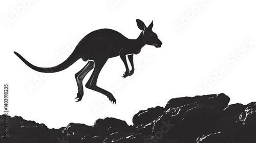Black and White Kangaroo Silhouette Jumping Over Rocks in Australian Outback Landscape