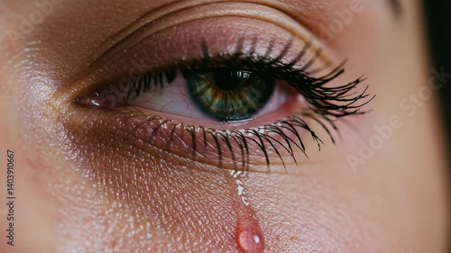 close up of a female eye with tears streaming down