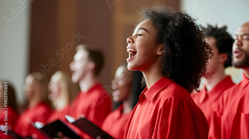 Diverse Choir Members Performing With Passion In Red Robes Under Warm Lighting