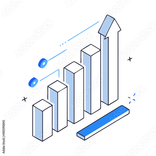 Growth bar chart isometric icon for business analytics platforms, financial report interfaces, performance tracking dashboards and data visualization presentations
