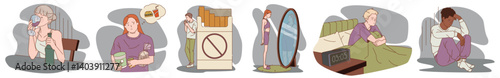 Set of addicted people. Men and women with alcoholism, insomnia, food and smoking addiction. Unhappy characters with unhealthy lifestyles. Flat vector illustration collection isolated on background