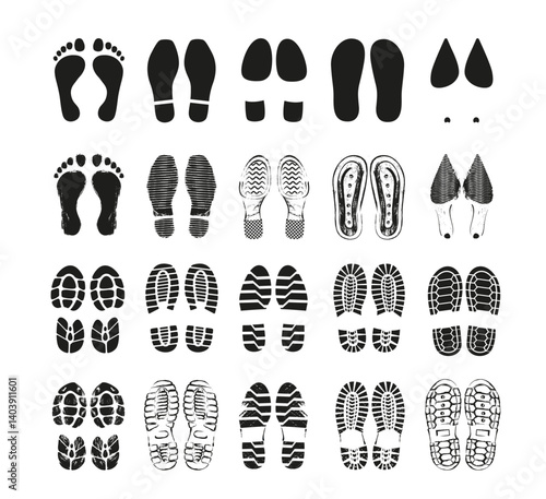 Set of human shoes footprints. Shoe soles print or imprints with different patterns from sneakers or boots. Design elements for poster. Flat vector illustration collection isolated on background