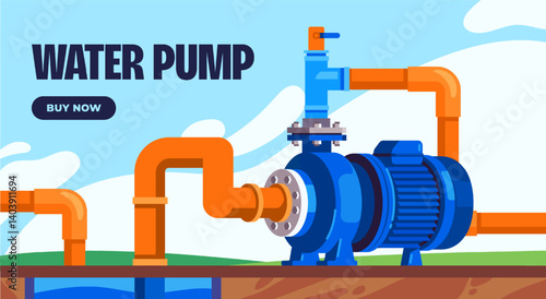 Water pump with connected pipes. Banner or landing page template with pump for pumping water from well. Technical equipment for water station. Design for website. Cartoon flat vector illustration