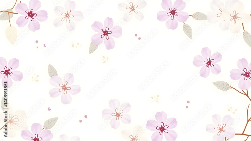 Elegant Watercolor Cherry Blossom Frame with Pink Flowers, Green Leaves, and Falling Petals on Beige Background Elegant Watercolor Cherry Blossom Frame with Pink Flowers, Green Leaves, and Falling Petals on Beige Background