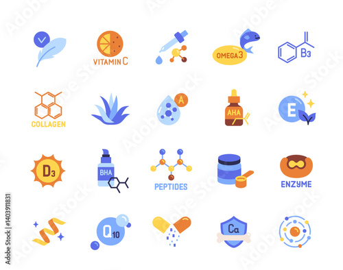 Beauty vitamins icons set. Colorful signs with peptides, collagen, acids and vitamin E for skin care. Design element for app. Flat vector illustration collection isolated on background