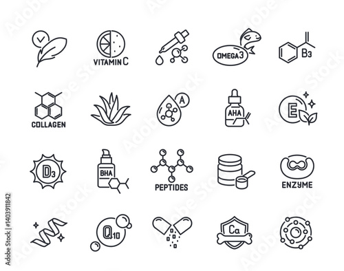 Beauty vitamins line icons set. Simple symbols with collagen, vitamin C, peptides and enzymes for skin care. Design elements for app. Outline vector illustration collection isolated on background