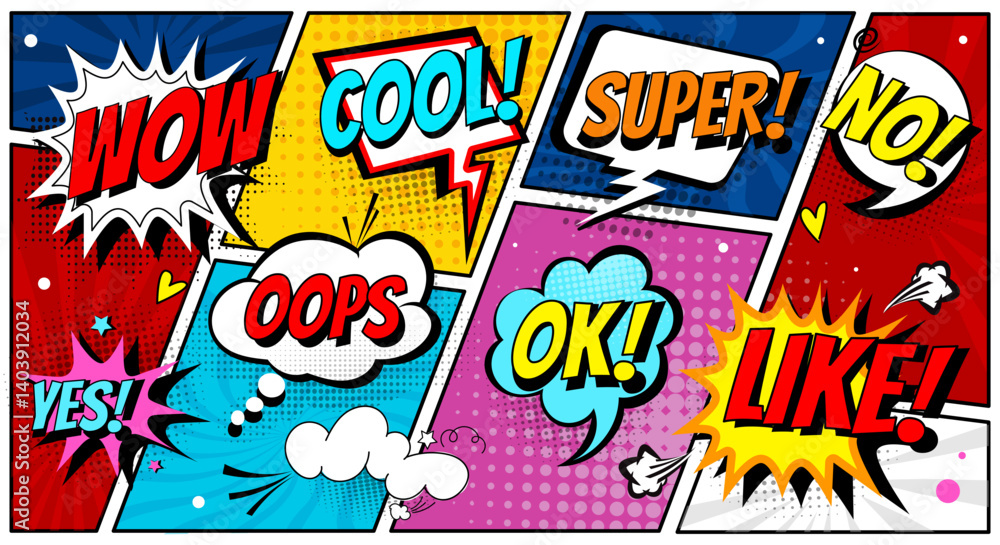 Fototapeta premium Comic speech bubbles. Funny comical speech clouds with text and explosion effect in retro style. Graphic design elements with lettering for printing. Flat vector illustration set