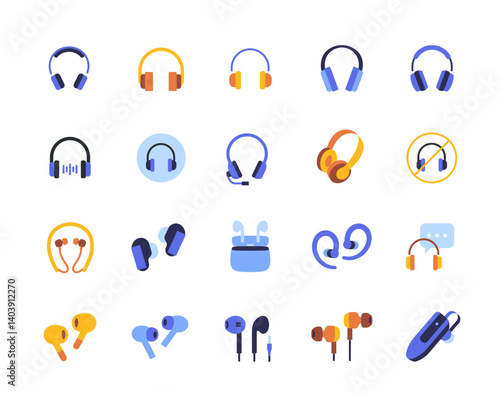Headphones icons set. Colorful signs with headphones, earphones and devices for listening to music and audio. Design elements for app. Flat vector illustration collection isolated on background