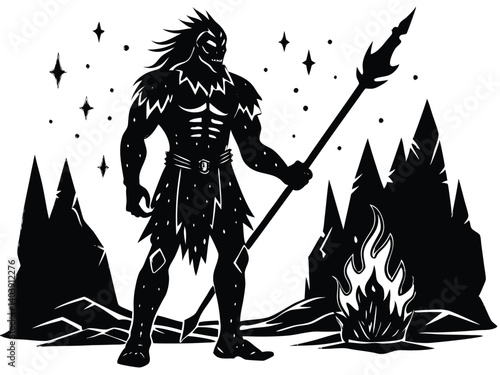 Silhouette of a tribal warrior with battle paint and scar patterns on skin, standing in front of a blazing fire under a night sky, spear in hand 