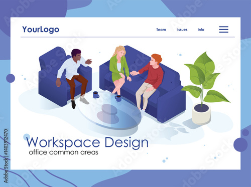 Open workspace and coworking. Banner or landing page template with office employees or entrepreneurs relaxing and communicating in common hall. Cartoon flat vector illustration isolated on background