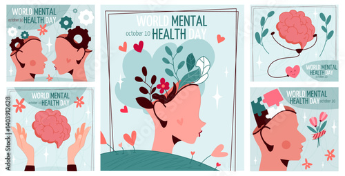 World Mental Health day. Colorful posters or banners with silhouettes of people with blooming flowers in their heads. Solving psychological disorders. Flat vector illustration isolated on background