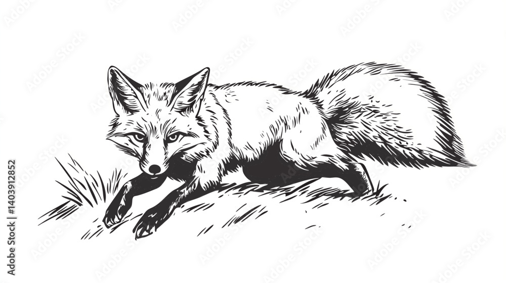 Obraz premium Black and White Fox Illustration Running Through Grass in Natural Meadow Habitat