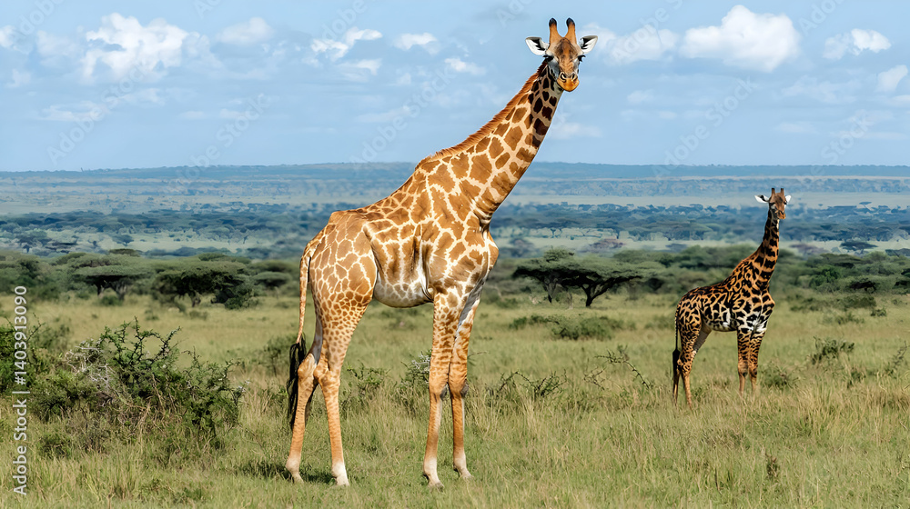 Obraz premium Two Giraffes Stand Gracefully on African Savanna Under a Clear Blue Sky With Lush Green Grass and Distant Trees