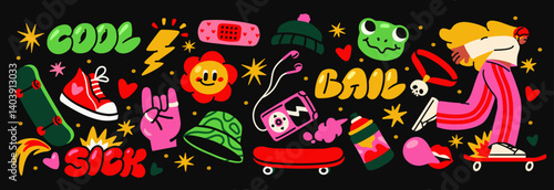 Retro skater stickers. Hipster y2k stickers or badges with skateboard, cool inscriptions, lightning and spray paint in groovy style. Flat vector illustration collection isolated on background