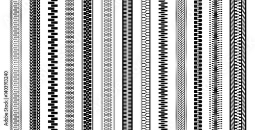 Seamless Zipper set. Repeating patterns with zipper brushes. Fashion sample or design element for printing. Flat vector illustration collection isolated on background