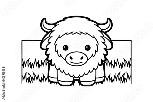 Cute Cartoon Yak Illustration With Outline Style In The Grass For Childrens Coloring Book