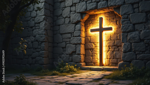 Stained glass window with Christian cross, set against brick wall inside a church or cathedral.