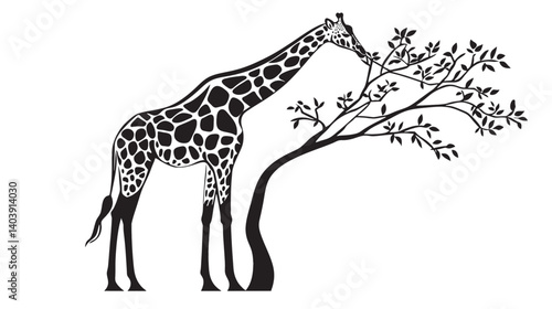 Black and White Giraffe Illustration Eating Leaves from Tree in African Savanna