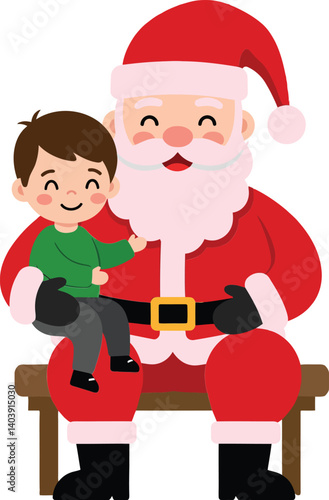Cheerful Santa Claus holding a smiling child on his lap in a flat vector illustration, capturing the joy of the holiday season