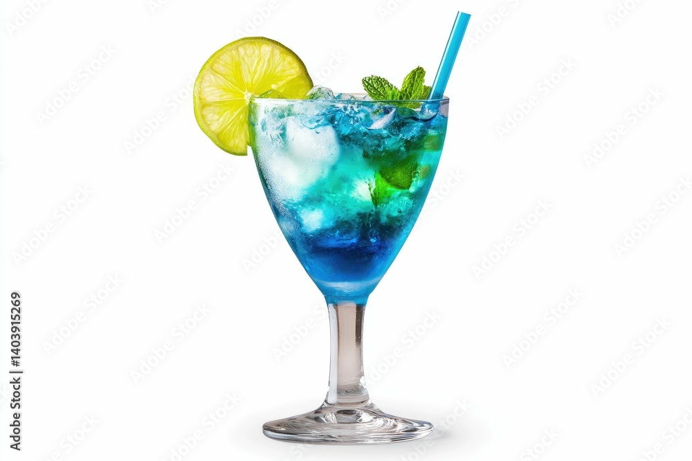 Refreshing Blue Cocktail with Lime and Mint on White Background Refreshing Blue Cocktail with Lime and Mint on White Background