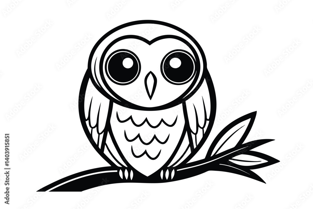 Fototapeta premium Cute Owl Perched On A Branch Black And White Vector Illustration For Childrens Design And Educational Materials