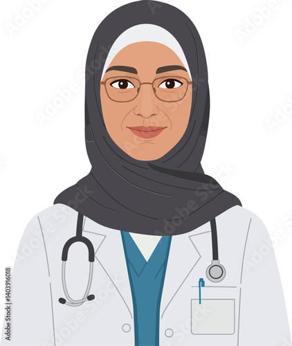 A confident female doctor wearing a hijab and glasses, showcasing professionalism in a minimal vector illustration with a stethoscope around her neck