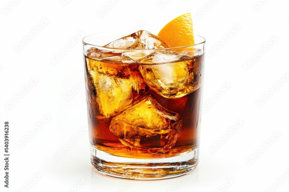 Refreshing Dark Rum Cocktail with Ice and Orange Garnish on White Refreshing Dark Rum Cocktail with Ice and Orange Garnish on White