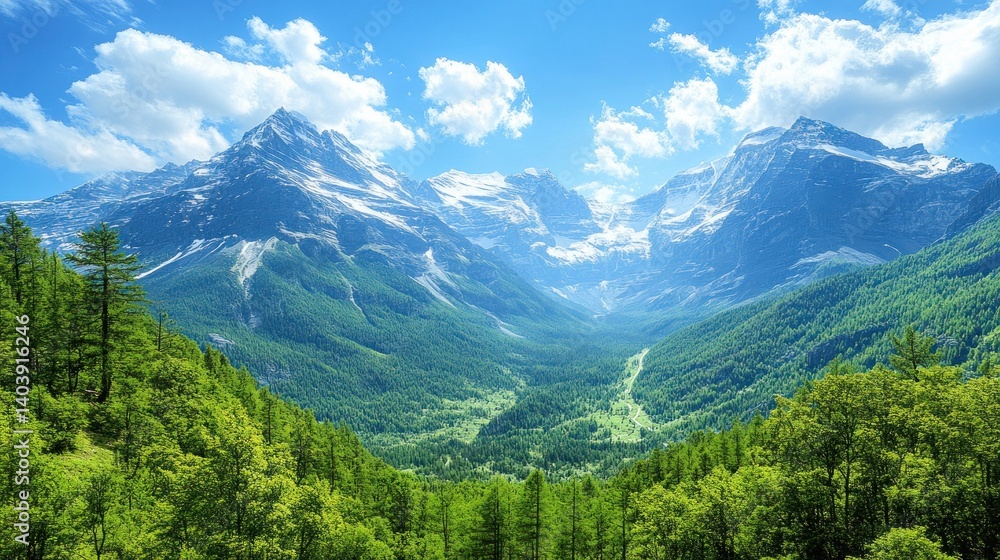 Obraz premium Majestic alpine valley under a vibrant blue sky. Lush green forests flank a valley carved between towering snow-capped peaks. Sunlight illuminates the scene, creating a breathtaking landscape