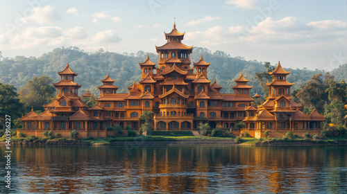 Aerial view of an Asian-style temple next to a lake