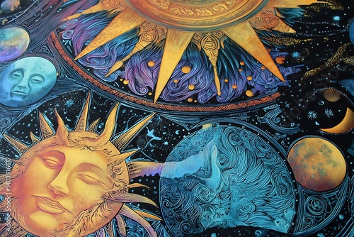 An intricate artwork depicts a celestial goddess adorned with vibrant colors and cosmic motifs, featuring suns, moons, and stars in a mystical setting. Ethereal Star Goddess. Illustration.