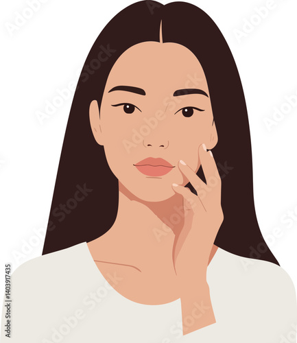 Woman with long dark hair gently touching her face in a minimal flat style vector illustration