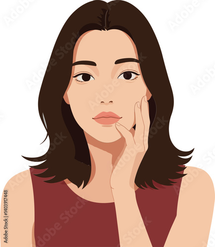 Thoughtful young woman with long dark hair in minimal flat style, contemplating life and emotions, expressing a serene and introspective mood, vector illustration