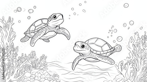cartoon of turtle and friends underwater, coloring book or page.