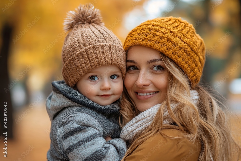 Mother holding her cute sweet son in autumn garden. Family time, mom and son in park, Generative AI Mother holding her cute sweet son in autumn garden. Family time, mom and son in park, Generative AI