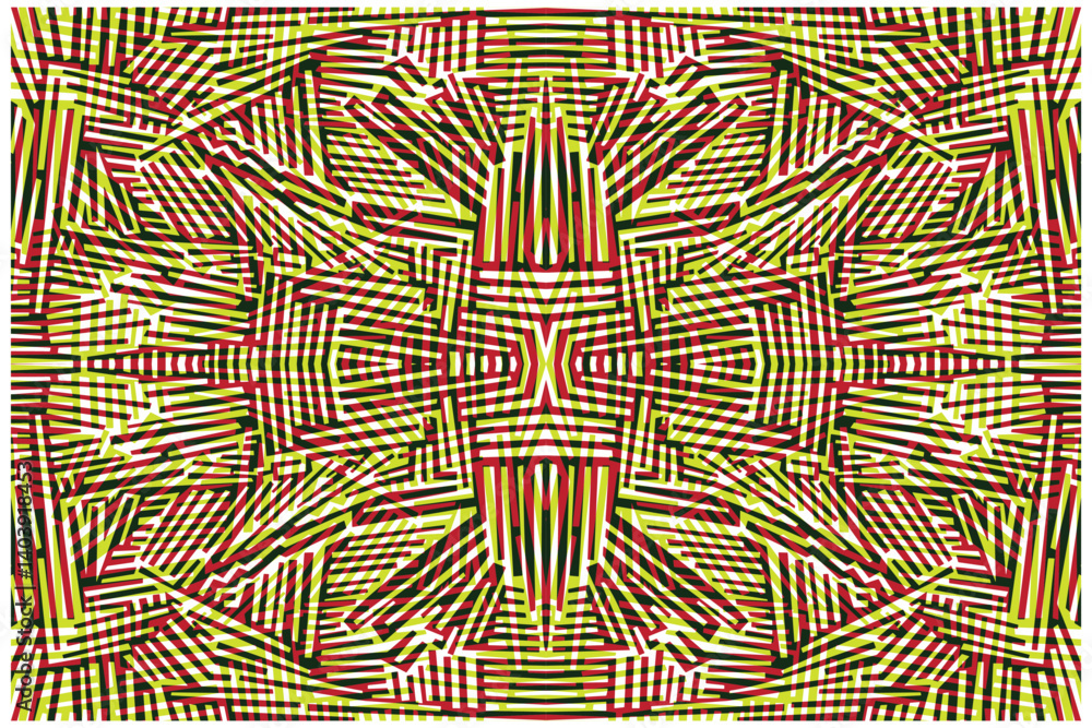 A vibrant abstract pattern featuring intersecting lines in red, green, yellow, and white, creating a dynamic visual texture.