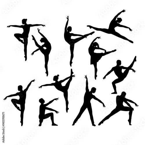 This vector image displays eleven black silhouettes of dancers in various dynamic and elegant ballet and modern dance poses.