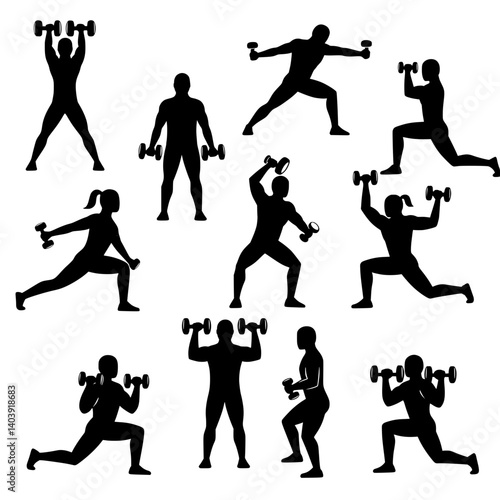 A collection of vector silhouettes depict various fitness exercises with dumbbells against a white background. The figures showcase a range of poses, highlighting strength training, physical activity.